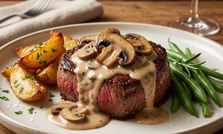 ستيك اللحم بصوص المشروم والكريمة